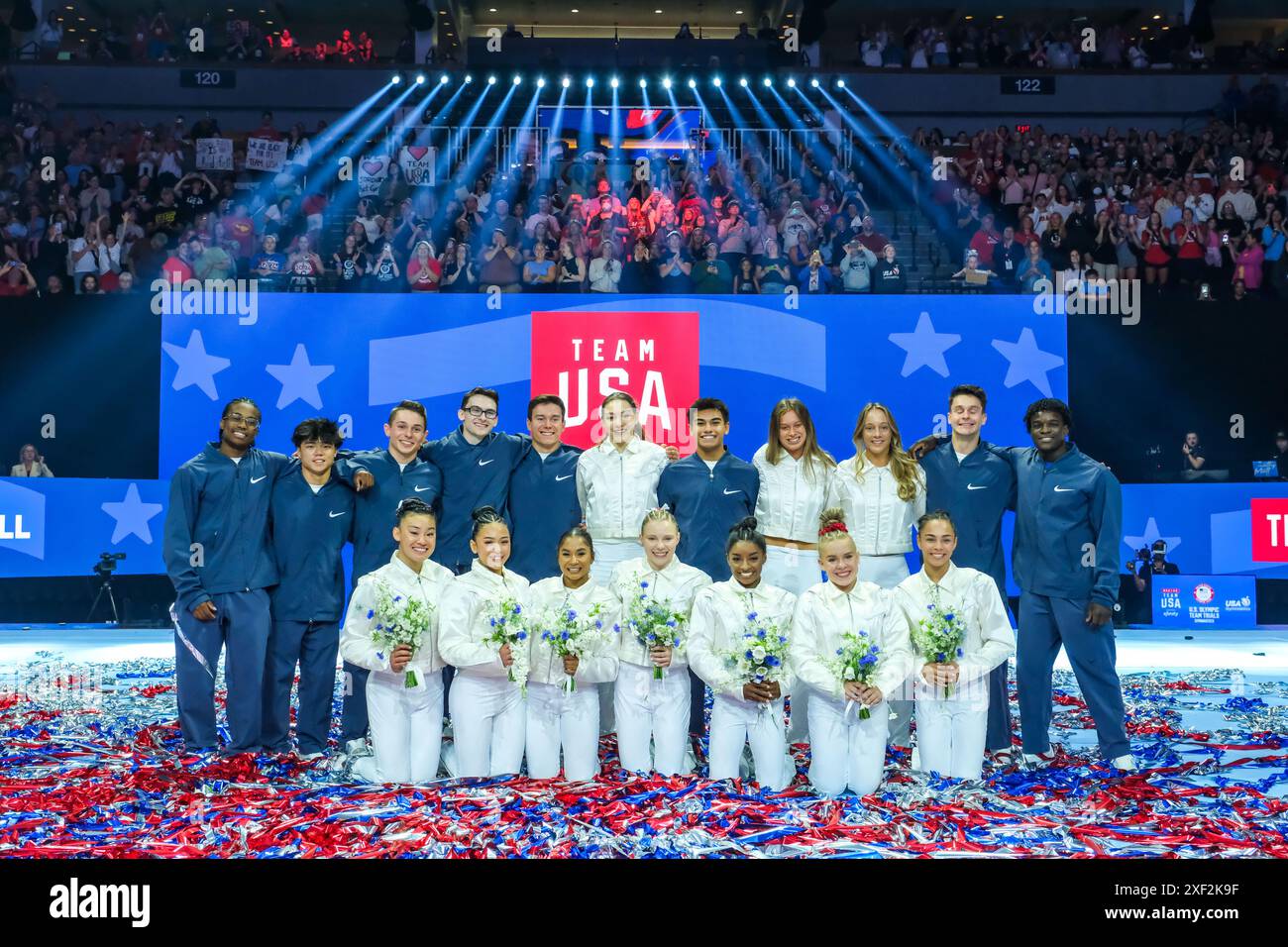 Minneapolis, Minnesota, États-Unis. 30 juin 2024. Toute l'équipe olympique de gymnastique des États-Unis de 2024 pendant la quatrième journée des essais de gymnastique de l'équipe olympique des États-Unis de 2024 au Target Center de Minneapolis, au Minnesota. (Crédit image : © Steven Garcia/ZUMA Press Wire) USAGE ÉDITORIAL SEULEMENT! Non destiné à UN USAGE commercial ! Crédit : ZUMA Press, Inc/Alamy Live News Banque D'Images