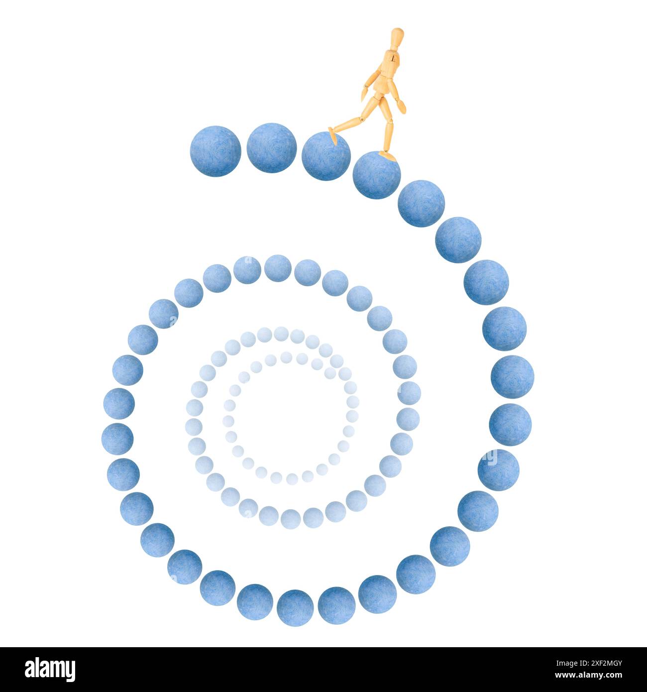 concept de but : modèle d'homme en bois marchant par spirale bleue à cercle blanc pour le texte de but sur fond blanc Banque D'Images