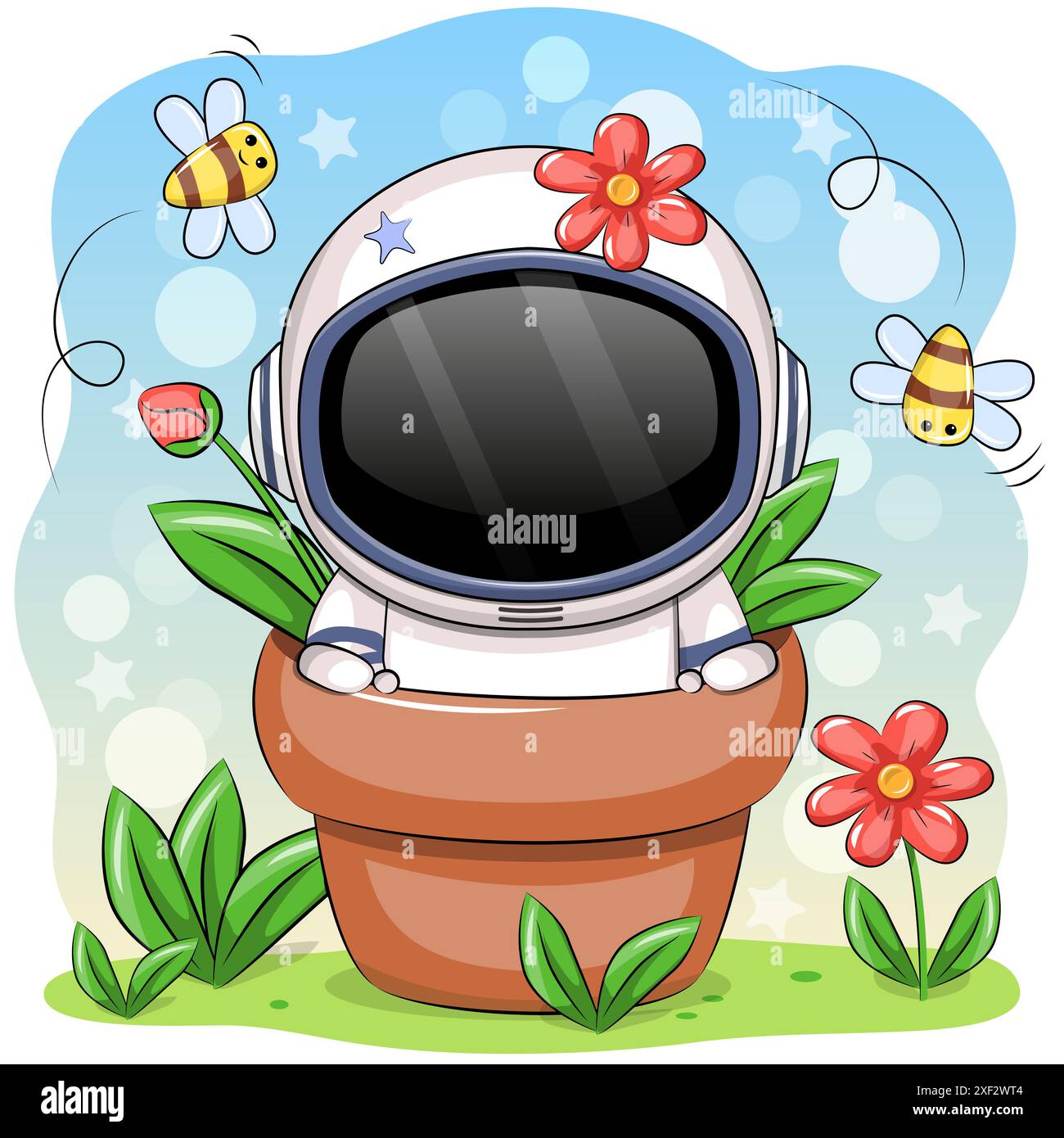 Astronaute de dessin animé mignon dans un pot de fleurs avec des fleurs et des abeilles. Illustration vectorielle de la nature sur fond bleu. Illustration de Vecteur