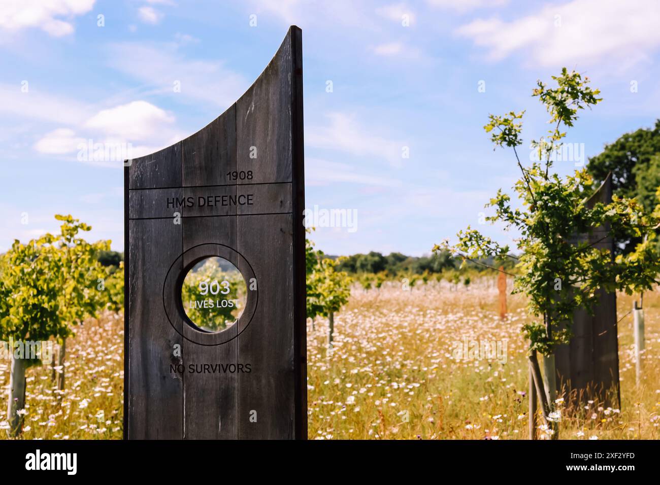 HMS Defence, Andrew Lapthorn Oak hublot marks, Battle of Jutland Tribute, Langley Vale Centenary Wood, Epsom Surrey, Angleterre, 2024 Banque D'Images