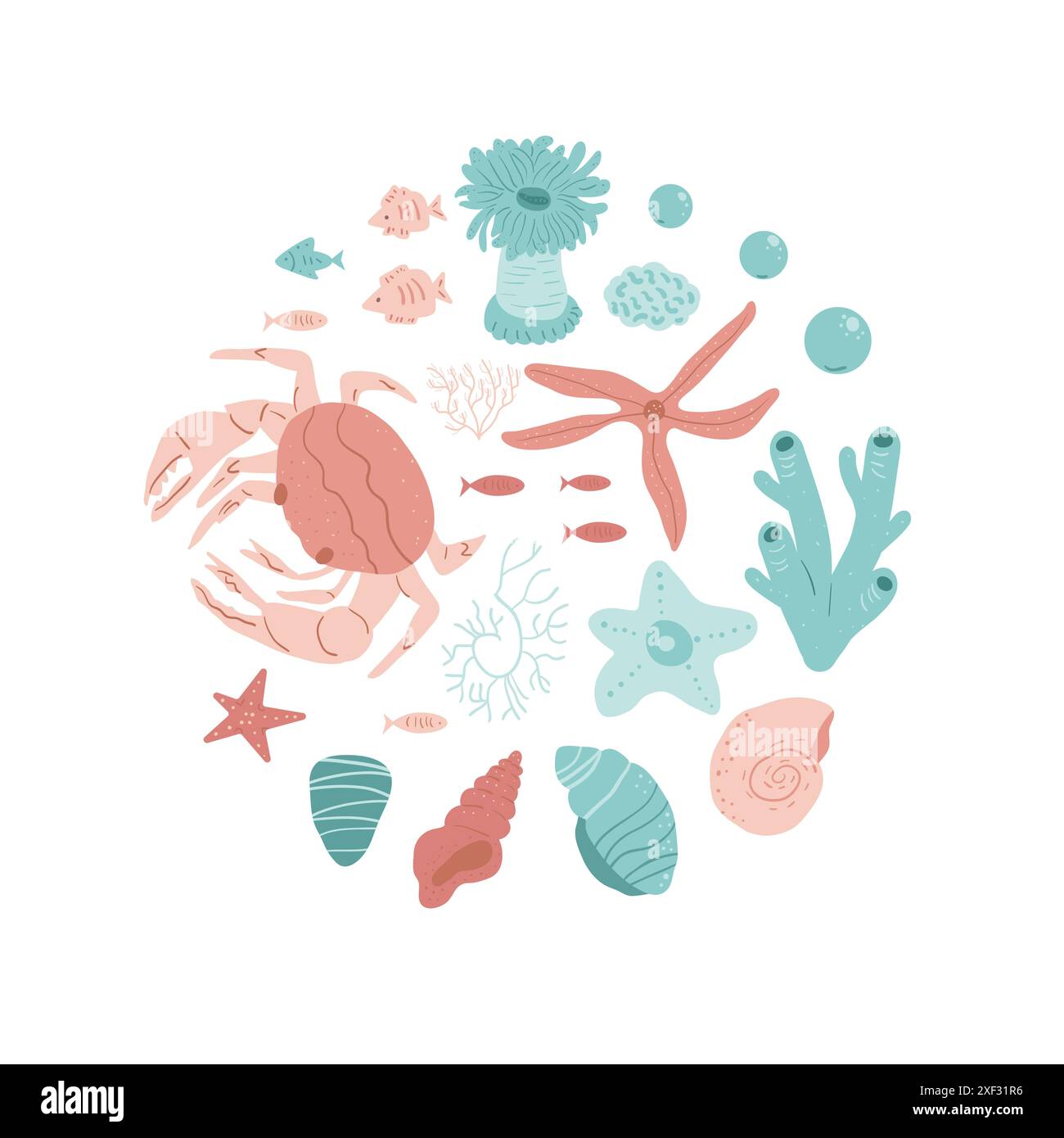 Assemblage de crabes, étoiles de mer, anémones de mer, corail, petits poissons, et des coquillages, représentés dans des couleurs pastel. Badge rond du monde sous-marin. Jeu de vecto Illustration de Vecteur