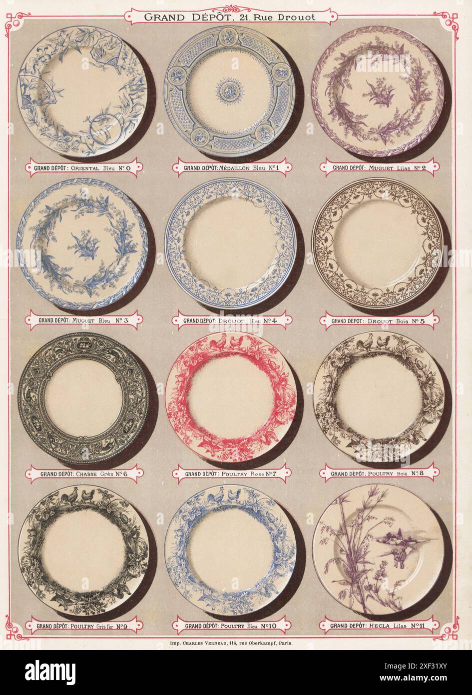 Une douzaine d'assiettes en porcelaine aux motifs variés. Les dessins incluent Oriental, Medaillon, Muguet, chasse, volaille, Hecla, etc Chromolithographie par Charles Verneau de la céramique moderne par la Grand dépôt d'Emile Bourgeois, céramique moderne par le Grand dépôt, 21 rue Drouot, Paris, 1882. Banque D'Images