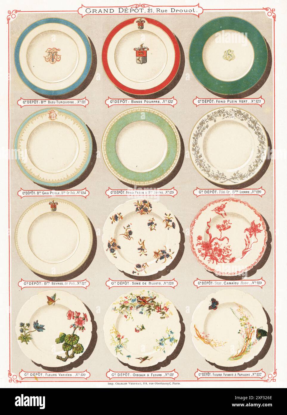 Une douzaine d'assiettes en porcelaine aux motifs variés. Les dessins incluent bande Bleu Turquoise, fond plein Vert, gris Perle, filet Or, Sèvres, Seme de Bluets, Saxe Camaieu Rose, etc Chromolithographie par Charles Verneau de la céramique moderne par la Grand dépôt d'Emile Bourgeois, céramique moderne par le Grand dépôt, 21 rue Drouot, Paris, 1882. Banque D'Images