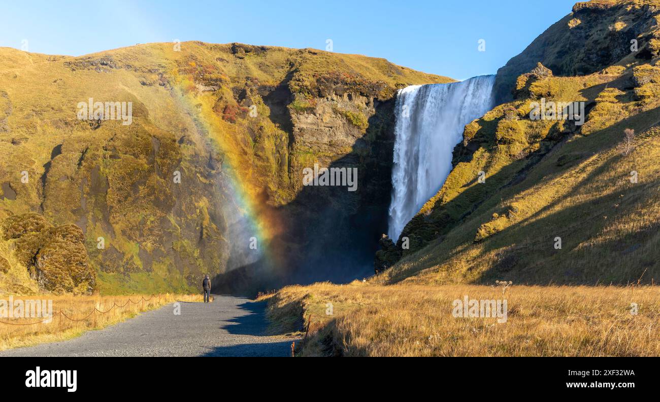Un arc-en-ciel est vu dans le ciel au-dessus de la cascade Skogafoss. La scène est sereine et paisible, avec l'eau en cascade sur les rochers et l'arc-en-ciel addi Banque D'Images
