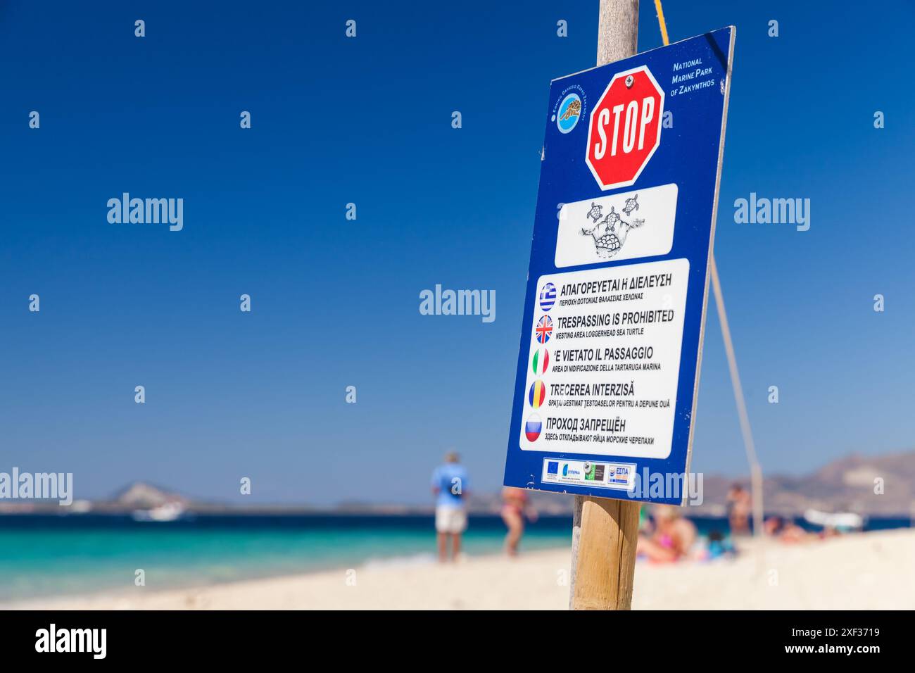 Zakynthos, Grèce - 16 août 2016 : gros plan photo avec panneau stop, texte en différentes langues signifie : intrusion interdite, zone de nidification loggerh Banque D'Images