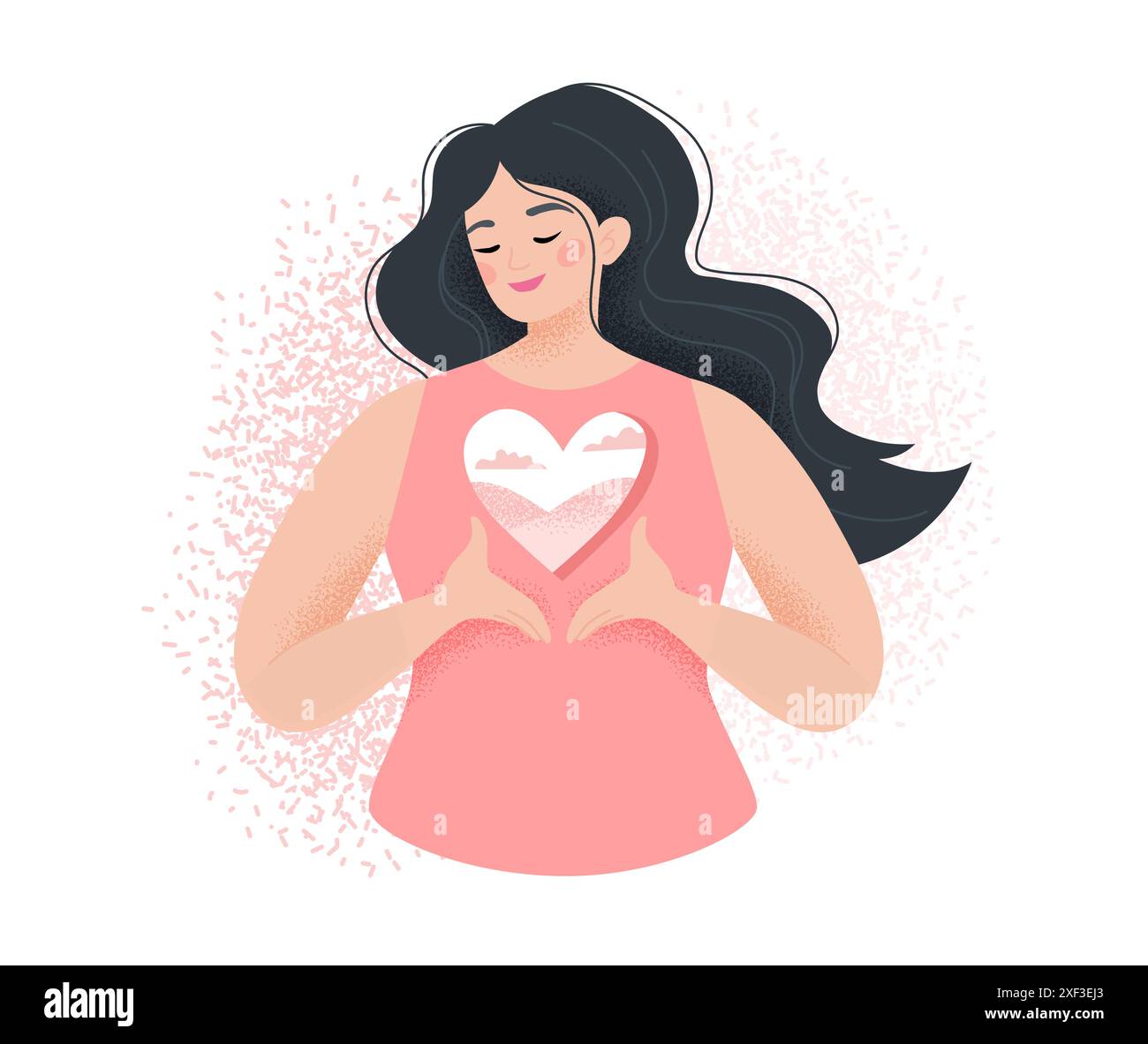 Concept de cœur ouvert. Femme heureuse garder les mains au cœur se sentir reconnaissante et reconnaissante. Illustration vectorielle dans un style plat Illustration de Vecteur