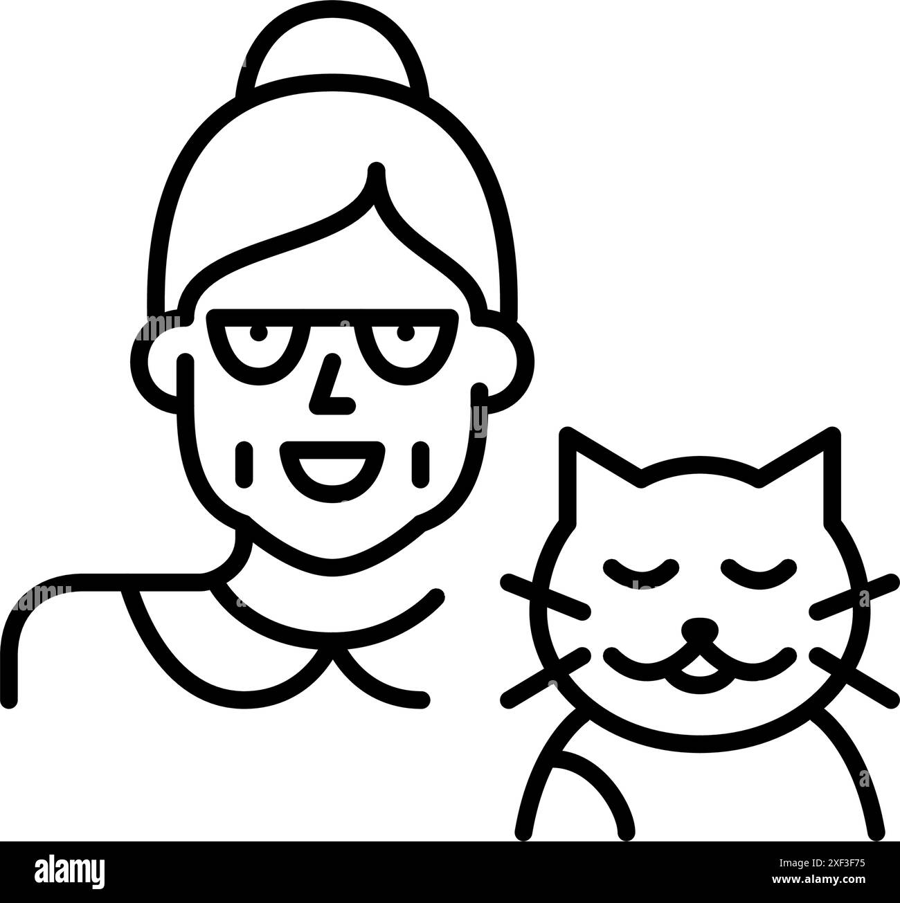 Femme plus âgée en lunettes et chat. Compagnon pour animaux de compagnie. Amour animal. Icône vectorielle Pixel Perfect Illustration de Vecteur