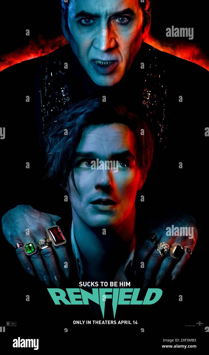 Renfield (2023) réalisé par Chris McKay et mettant en vedette Nicholas Hoult, Nicolas cage et Awkwafina. Renfield, le serviteur dévoué de Dracula obtient enfin un film à lui seul ! Affiche US One Sheet ***USAGE ÉDITORIAL SEULEMENT***. Crédit : BFA / Universal Pictures Banque D'Images