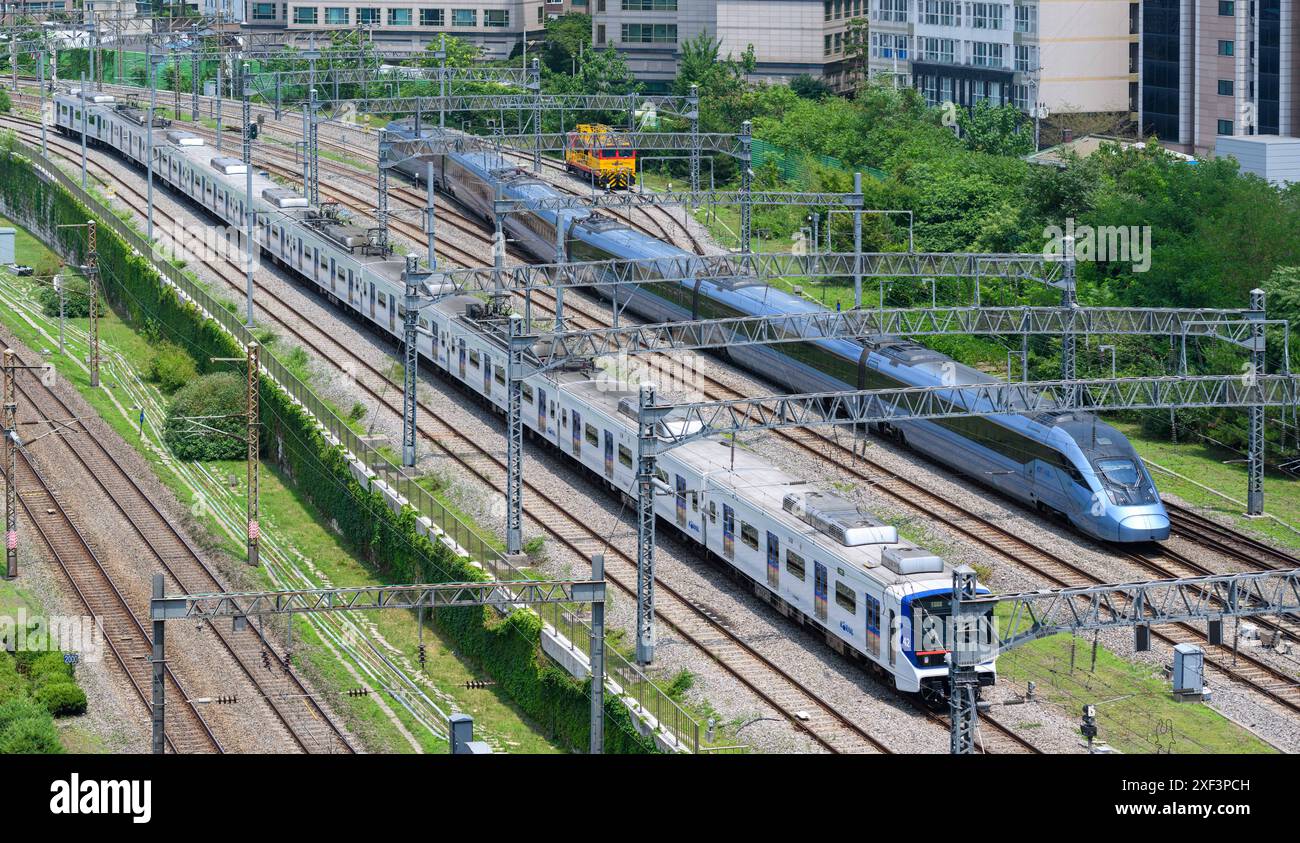 Séoul, Corée du Sud. 01 juillet 2024. Le train sud-coréen passe entre la gare de Séoul et la gare de Yongsan sur une voie ferrée installée dans le centre de Séoul. Le chemin de fer installé dans le centre de Séoul passe à la minute en raison de l'augmentation du volume de trafic de nombreux trains à grande vitesse et de divers trains. Crédit : SOPA images Limited/Alamy Live News Banque D'Images