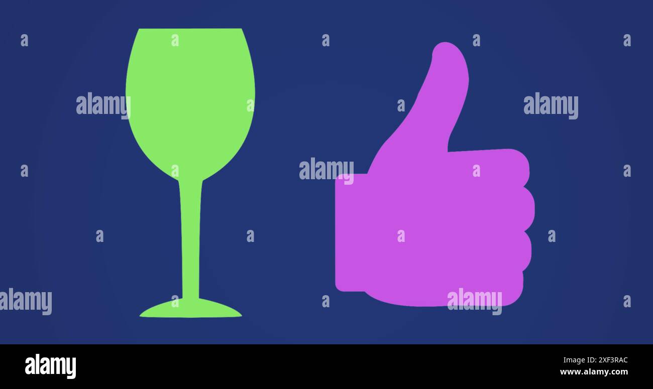 Image d'icônes de verre à vin rempli et de pouce avec des couleurs vertes et violettes Banque D'Images