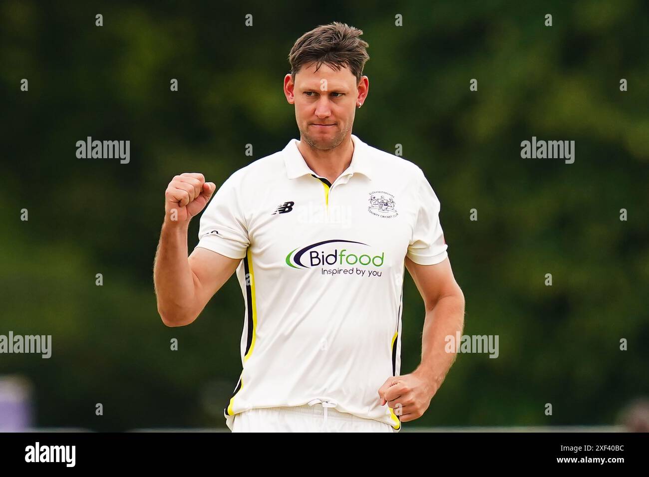 Cheltenham, Royaume-Uni, 1er juillet 2024. Beau Webster du Gloucestershire célèbre avoir pris le guichet d'Andy Gorvin du Glamorgan lors du match de Vitality County Championship Division Two entre Gloucestershire et Glamorgan. Crédit : Robbie Stephenson/Gloucestershire Cricket/Alamy Live News Banque D'Images