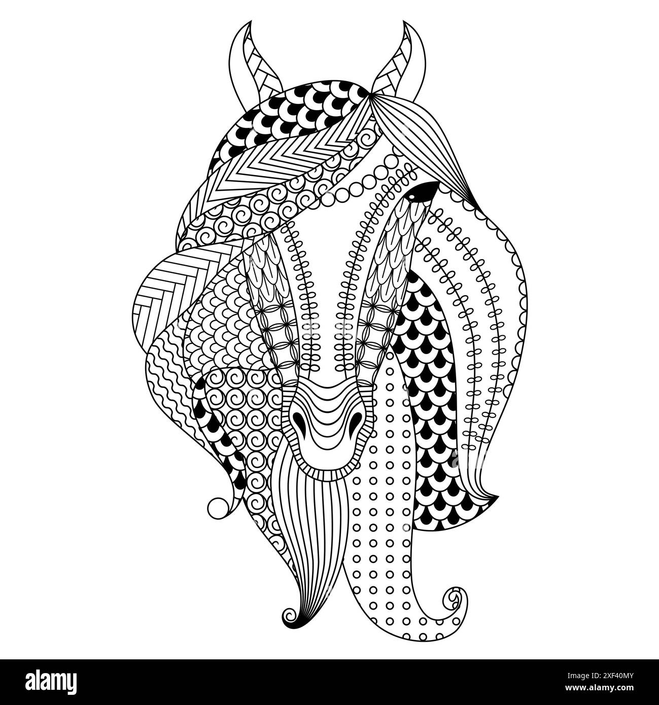 Cheval dessiné à la main. Livre de coloriage pour adultes, illustration vectorielle, isolé sur fond blanc. Illustration de Vecteur