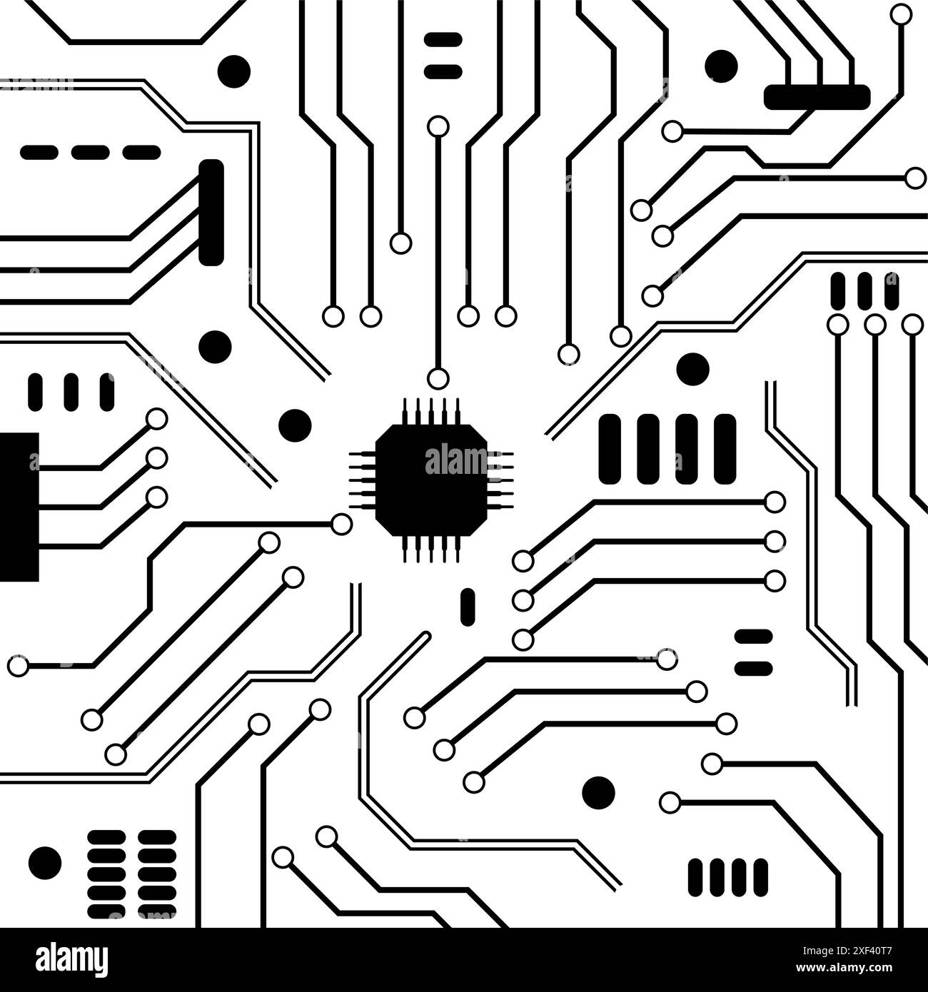 Ordinateur de carte mère noir blanc avec processeur, cpu et matériel, technologie de circuit, circuit intégré électronique de puce Illustration de Vecteur