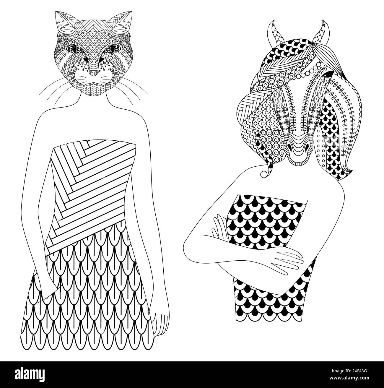 Femme chat et cheval de mode. Livre de coloriage pour adultes, illustration vectorielle, isolé sur fond blanc. Illustration de Vecteur