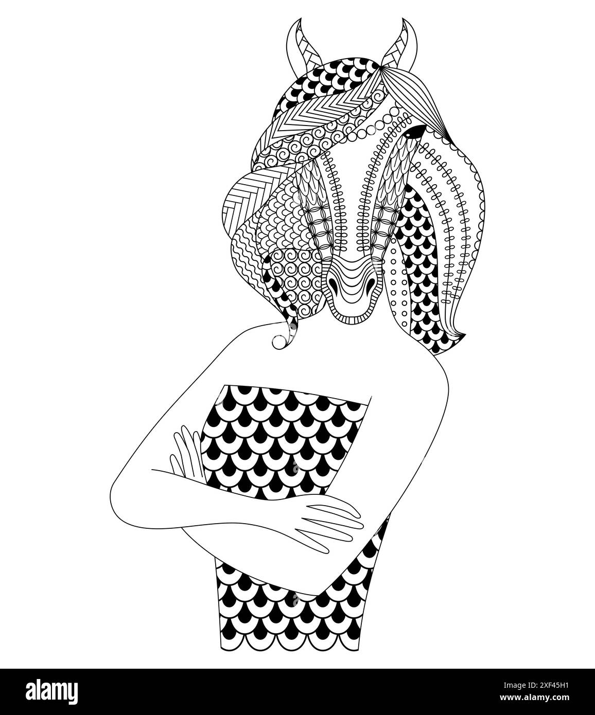 Femme cheval de mode. Livre de coloriage pour adultes, illustration vectorielle, isolé sur fond blanc. Illustration de Vecteur