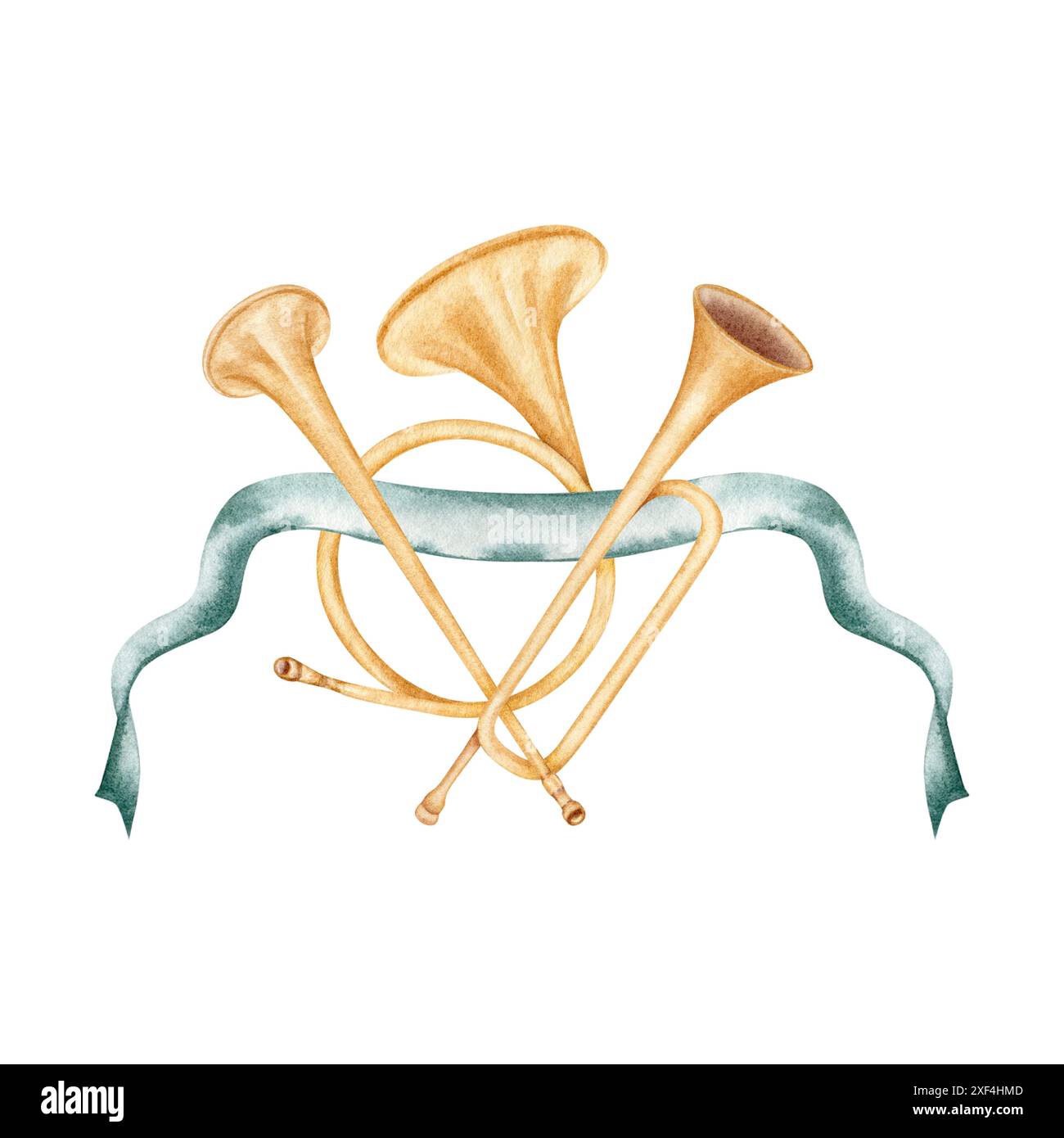 Clipart de style antique avec trompettes fanfare et cornes décorées de ruban bleu. Instruments de musique à vent en laiton. Illustration d'aquarelle dessinée à la main Banque D'Images