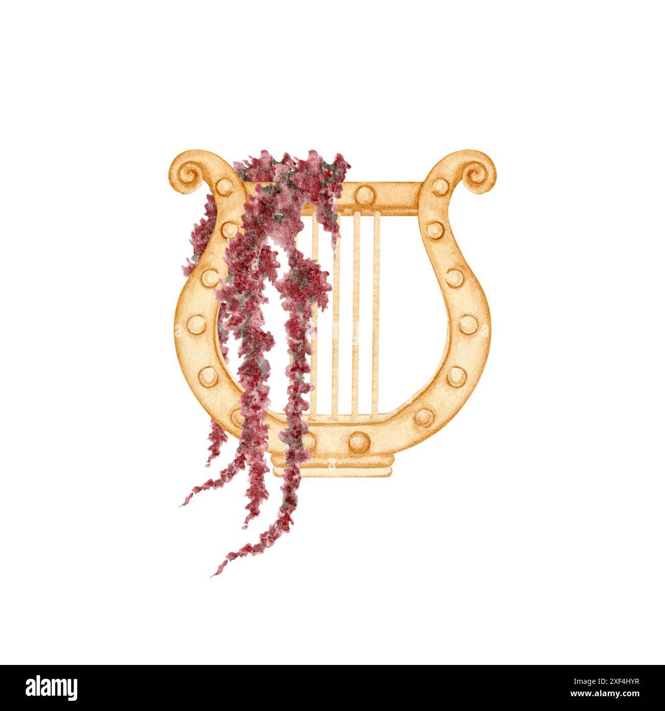 Lyre grecque antique décorée de guirlande de fleurs. Instrument de musique antique. Illustration aquarelle isolée sur fond blanc. Pour théâtre et p. Banque D'Images