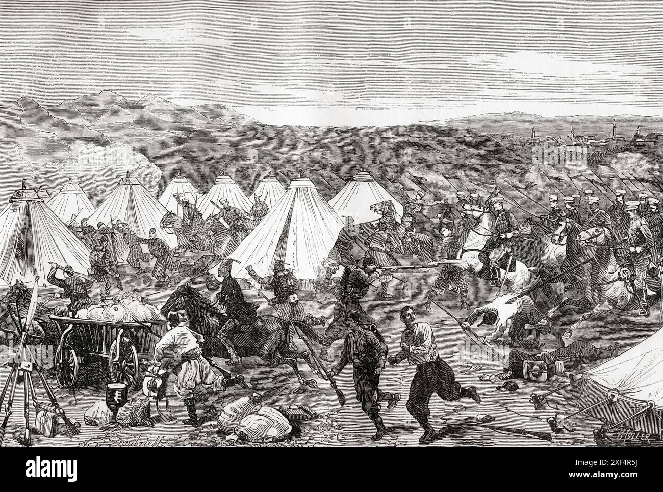 La cavalerie russe de Lazarev pénètre dans le camp turc de Vizinkev, près de Kars, en Turquie, pendant la guerre russo-turque (1877-1878). Ivan Davidovitch Lazarev, 1820 – 1879. Général de l'armée impériale russe d'origine arménienne. Extrait de Russes et Turcs : la Guerre D'Orient, publié en 1878. Banque D'Images
