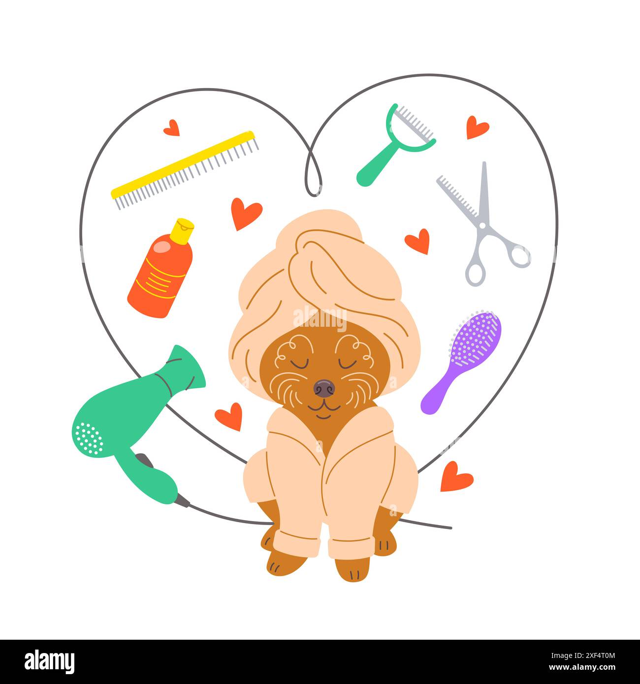 Illustration de salon de toilettage pour animaux de compagnie avec chien caniche heureux mignon dans un peignoir, serviette et quelques outils de toilettage tels que sèche-cheveux, ciseaux, shampooing, brosses, Illustration de Vecteur
