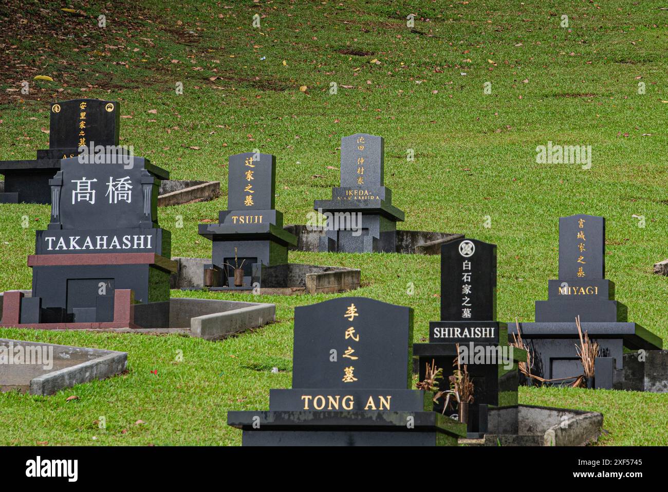 Perché sur les montagnes d'Oahu, le cimetière japonais traditionnel offre une atmosphère sereine et réfléchissante au milieu d'une verdure luxuriante. Pierres tombales et mon Banque D'Images