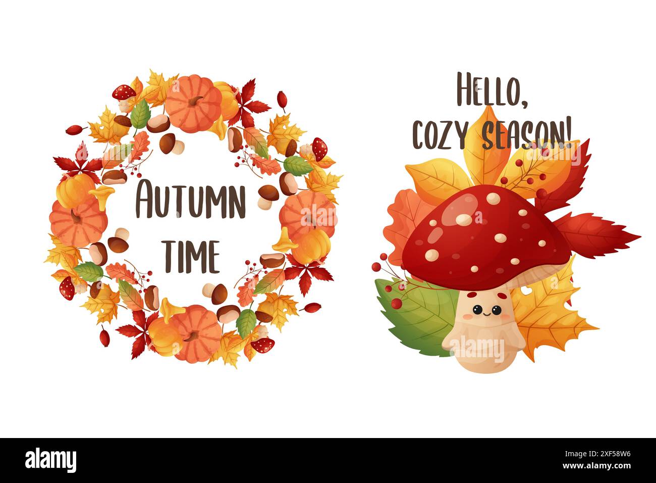 Heure d'automne. Dessins de carte postale, champignon de mouche mignon d'automne, cadre avec des feuilles. Vecteur Illustration de Vecteur