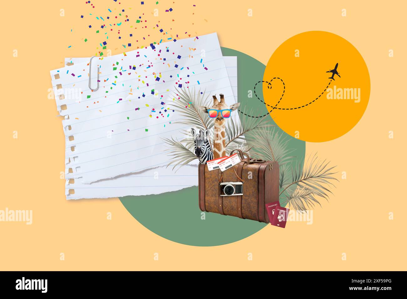 Deux feuilles de papier lignées, une valise, une girafe, un zèbre, passeports et billets d'embarquement sur fond coloré Banque D'Images