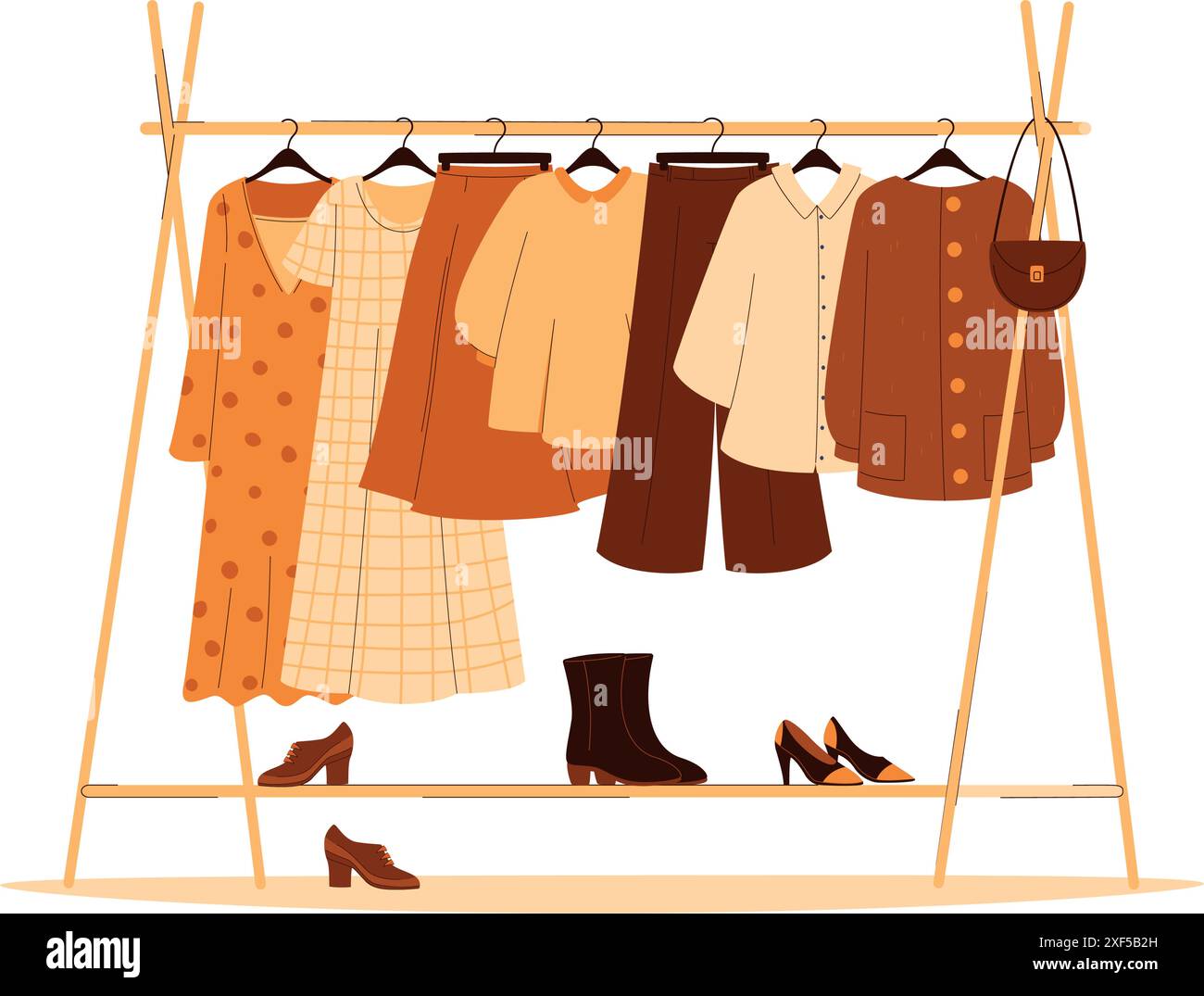 Cintre pour vêtements, concept d'organisation de vêtements. Vêtements, chaussures, sacs Illustration de Vecteur