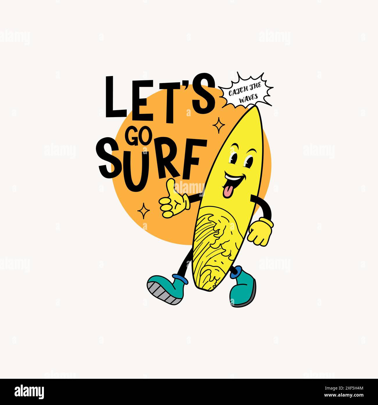 Lets Surf Funny Cartoon surf board design Illustration de Vecteur