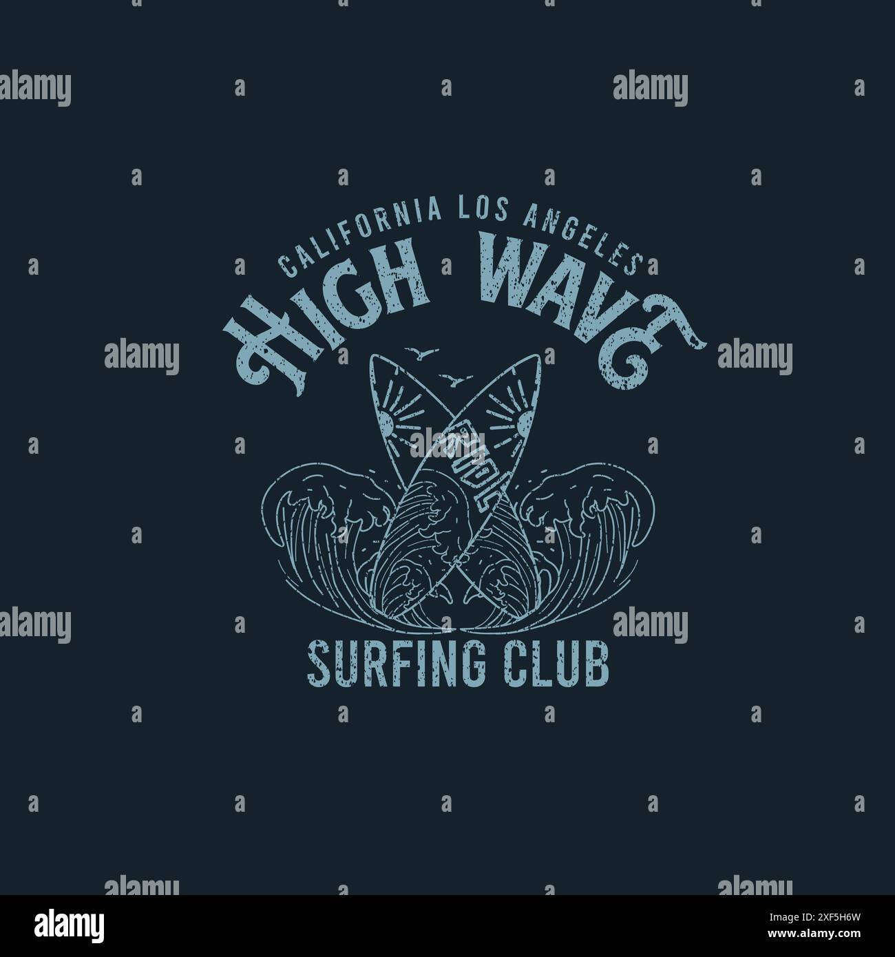 Vintage High wave Surfing Club typographie Summer Beach Tee-shirt graphique Illustration de Vecteur