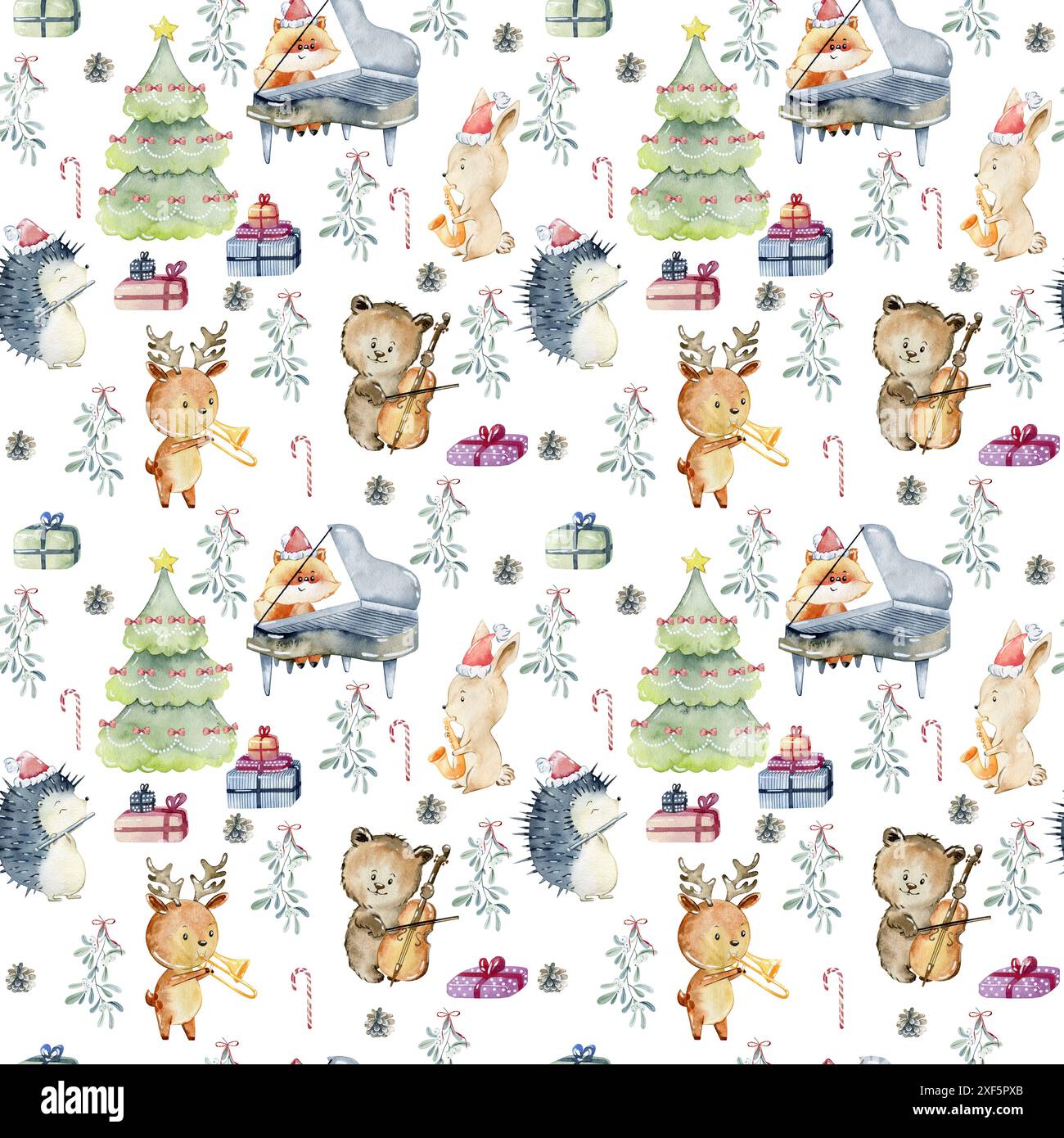 Motif de noël aquarelle sans couture avec des animaux jouant des instruments de musique. Banque D'Images