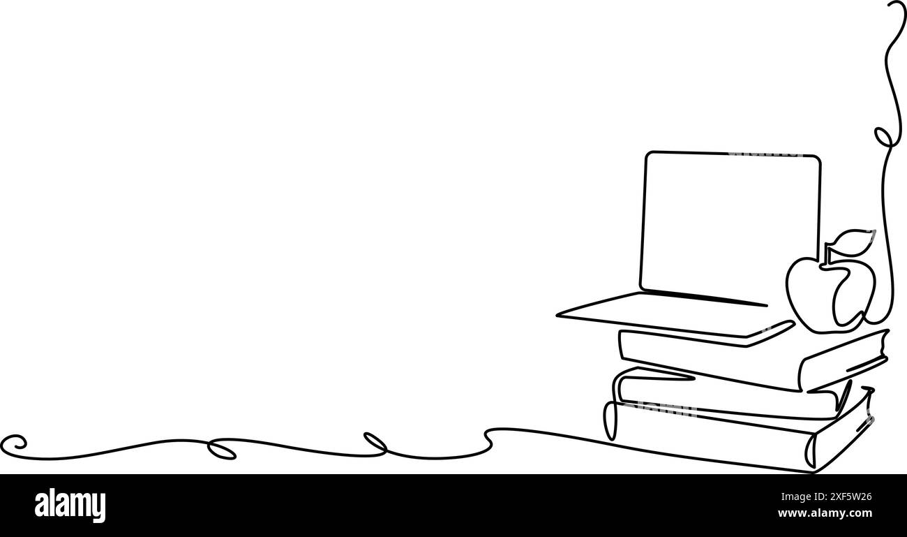 Les livres s'empilent avec le carnet et la pomme. Cadre d'angle. Illustration de Vecteur