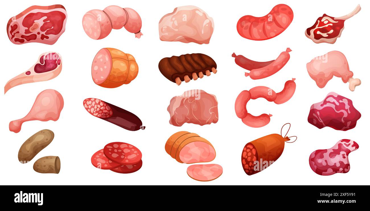 Charcuterie. Aliments naturels de la ferme. Saucisse et jambon salami coupés en tranches. Wurst rouge et blanc pour le menu d'épicerie. Gastronomie délicatesse. Bacon de porc. Steak de bœuf pour barbecue. Poulet non cuit. Jeu d'icônes vectorielles Illustration de Vecteur