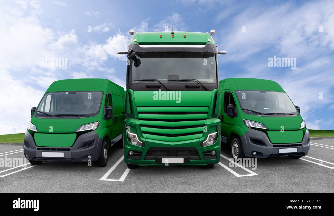 Camion et fourgonnettes verts. Concept de flotte écologique. Banque D'Images