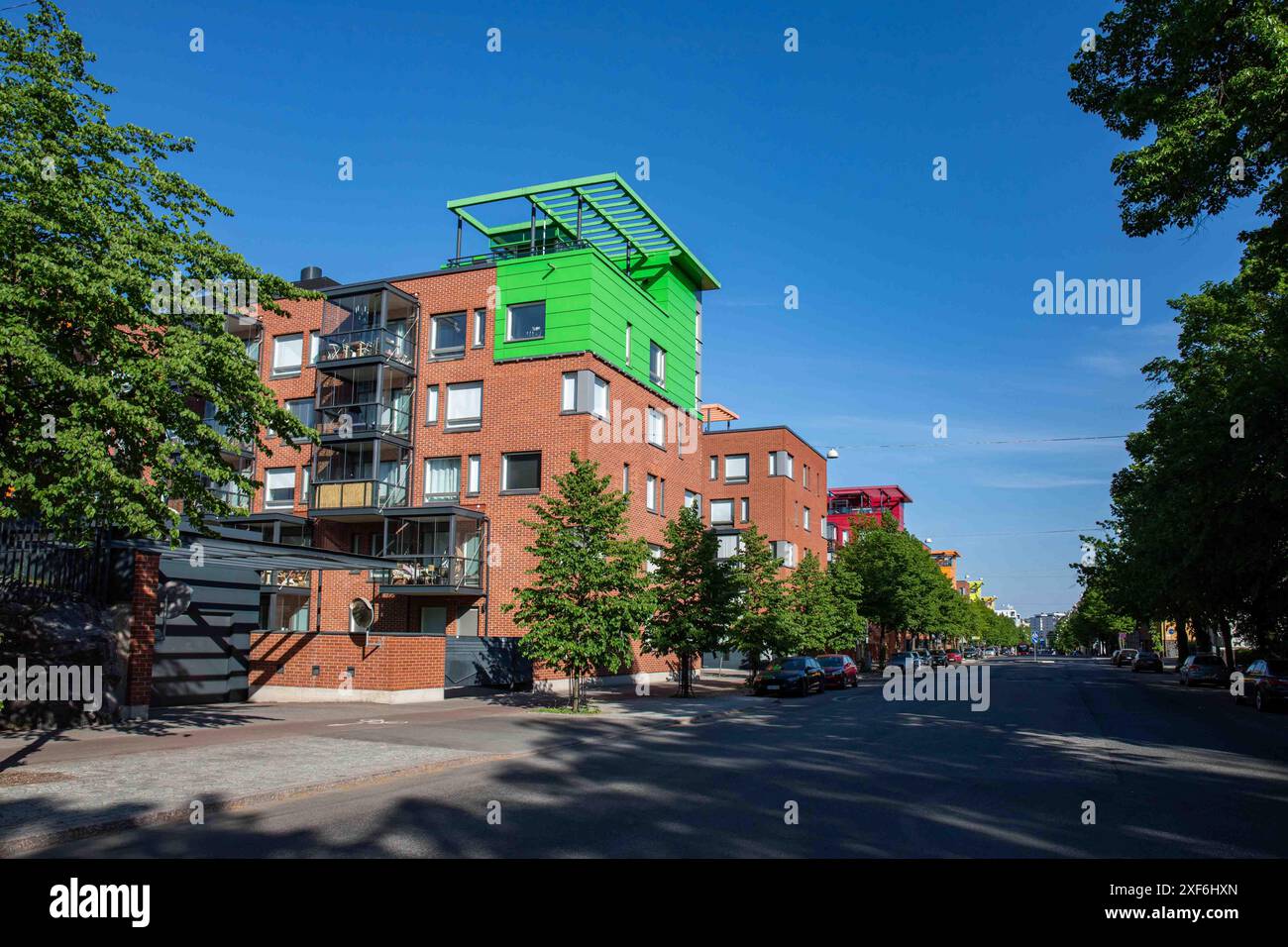 Aleksis Kiven Katu immeubles résidentiels dans le quartier Konepaja d'Helsinki, Finlande Banque D'Images