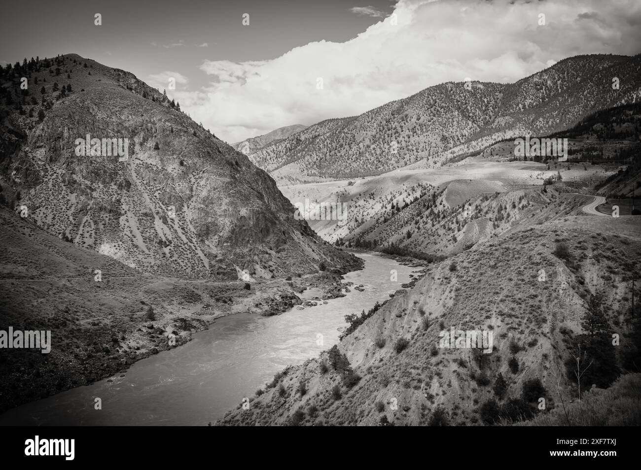 Le fleuve Fraser près de Lillooet BC, Canada le long de la route 99. Image en noir et blanc. Banque D'Images