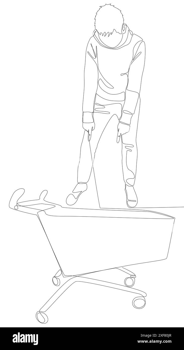 Une ligne continue d'homme pointant avec le doigt et le panier. Concept vectoriel d'illustration de ligne mince. Contour Drawing idées créatives. Illustration de Vecteur