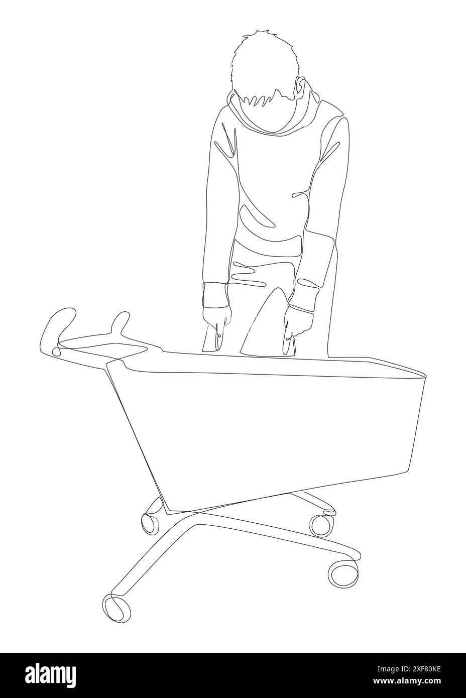 Une ligne continue d'homme pointant avec le doigt et le panier. Concept vectoriel d'illustration de ligne mince. Contour Drawing idées créatives. Illustration de Vecteur