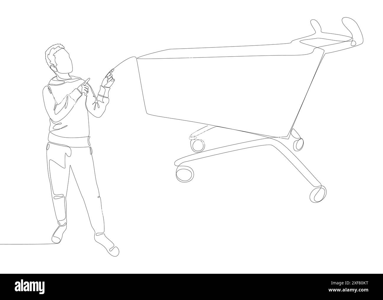 Une ligne continue d'homme pointant avec le doigt et le panier. Concept vectoriel d'illustration de ligne mince. Contour Drawing idées créatives. Illustration de Vecteur