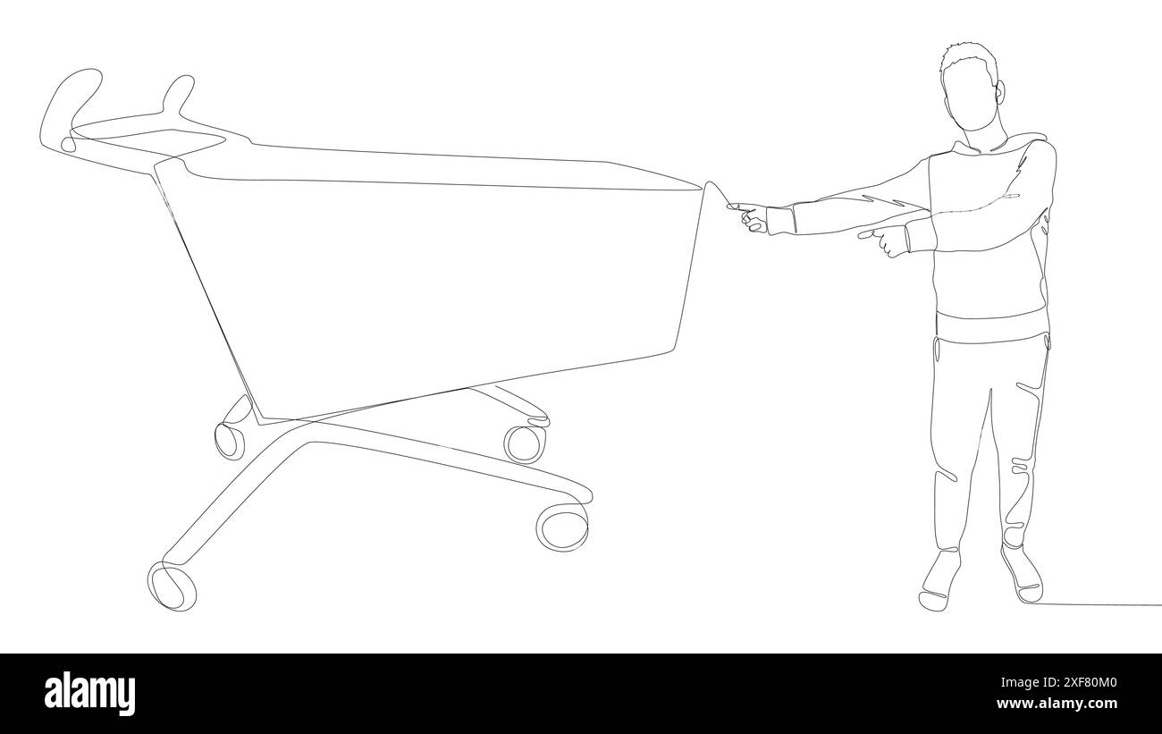 Une ligne continue d'homme pointant avec le doigt et le panier. Concept vectoriel d'illustration de ligne mince. Contour Drawing idées créatives. Illustration de Vecteur