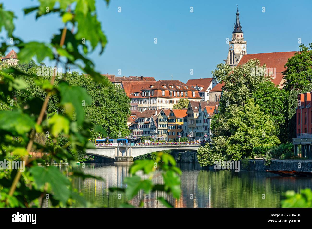 Vue sur le fleuve de la vieille ville de Tübingen en Allemagne en été Banque D'Images