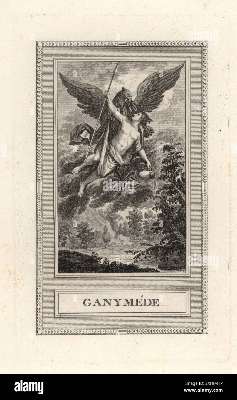 Ganymède, porte-voix aux dieux grecs. Une belle jeunesse avec une aiguière à vin et une lance est portée par Zeus sous la forme d'un aigle. Gravure sur cuivre de Simon d'après un dessin d'Etienne-Pierre-Adrien Gois, sculpteur du roi, tirée du Panthéon, ou les figures de la Fable de Sylvain Marechal, chez Simon, 16 rue Pagevin, Paris, 1787. Banque D'Images