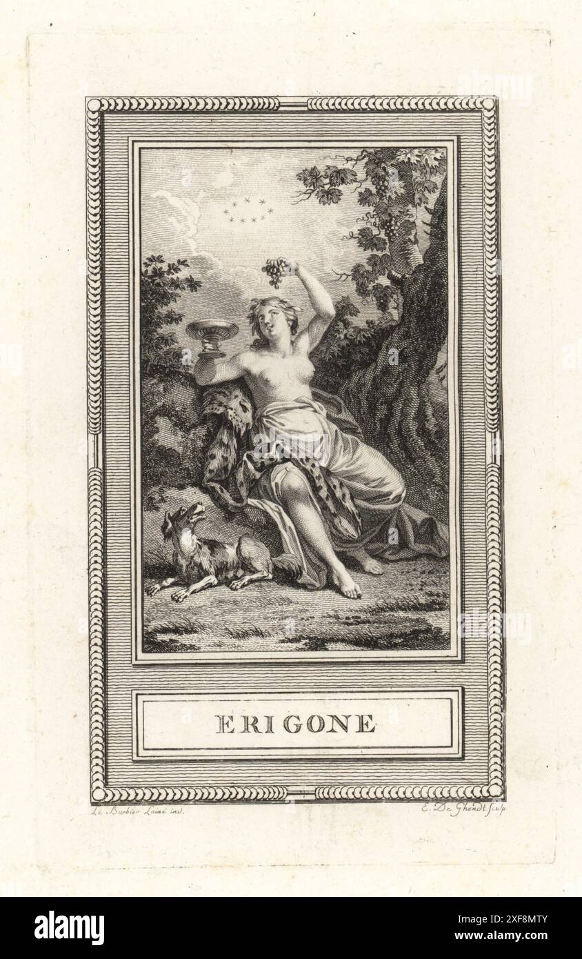 Erigone, fille d'Icarius d'Athènes, avec son chien Maera. Elle tient un gobelet de vin et une grappe de raisins près d'une vigne sous sa constellation de la Vierge. Gravure sur cuivre par E. de Gendt d'après un dessin de Jean-Jacques-François le Barbier tiré du Panthéon, ou les figures de la Fable de Sylvain Marechal, chez Simon, 16 rue Pagevin, Paris, 1787. Banque D'Images