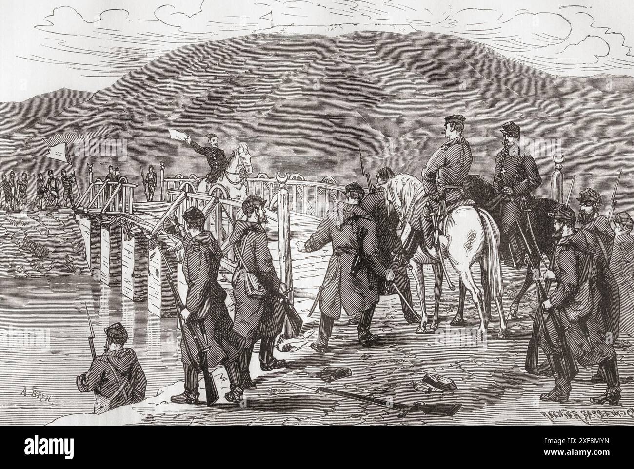 Reddition de l'armée turque, sur le pont sur la rivière vit au bout de la Seige de Plevna ou Pleven pendant la guerre russo-turque (1877-1878). Osman Pacha se rend à Mihail Cerchez. Extrait de Russes et Turcs : la Guerre D'Orient, publié en 1878. Banque D'Images