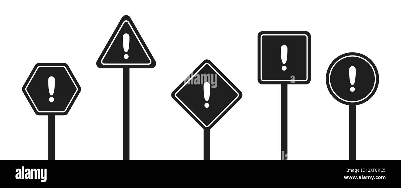 Ensemble de panneaux routiers noirs ronds, carrés, rhombiques, triangulaires et hexagonaux avec point d'exclamation. Signe d'avertissement. Icônes vectorielles pour l'avertissement sur le situ Illustration de Vecteur