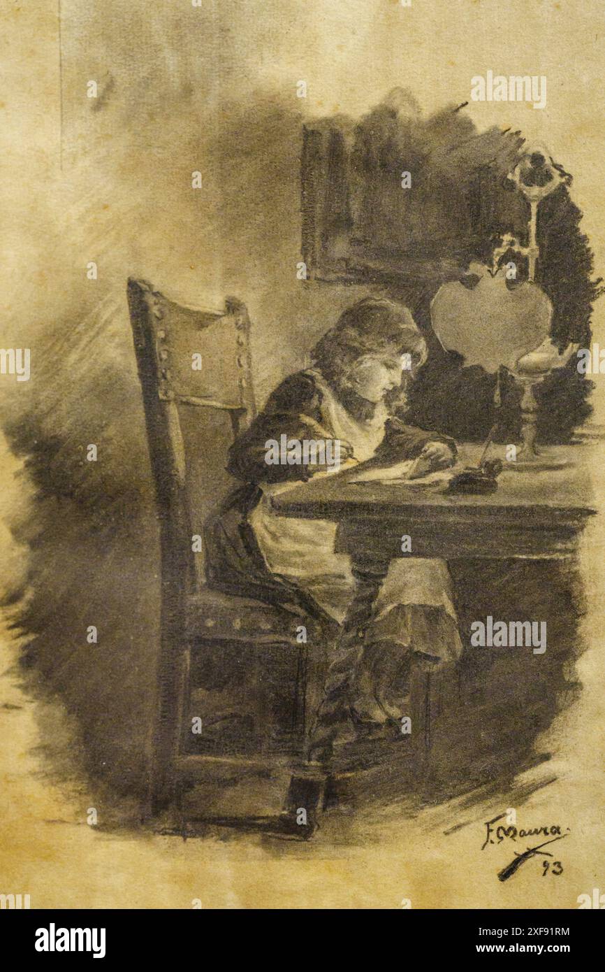 Fille assise, Francesc Maura, dessin au charbon de bois, Palma, Majorque, Espagne Banque D'Images