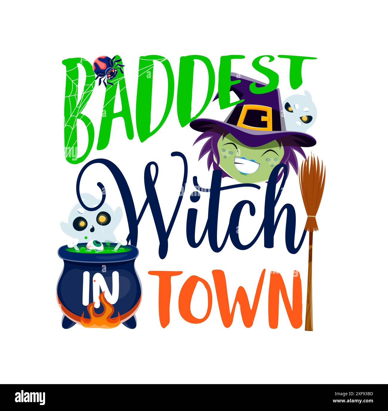 Sorcière la plus baddest en ville, citation de vacances d'Halloween avec émoji vecteur de sorcière effrayante et de fantômes. Typographie de dessin animé avec Halloween trick ou traiter les esprits de nuit, sorcière, araignée, potion chaudron et balai Illustration de Vecteur