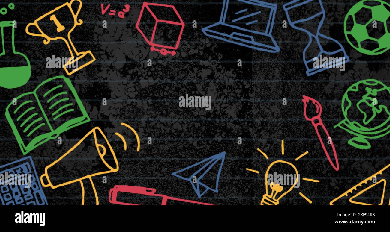 Image des icônes de concept d'école contre changer l'effet grunge sur fond noir avec espace de copie Banque D'Images