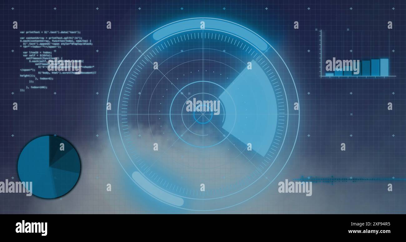 Image du scanner rond et du traitement des données statistiques sur le réseau de grille sur fond bleu Banque D'Images