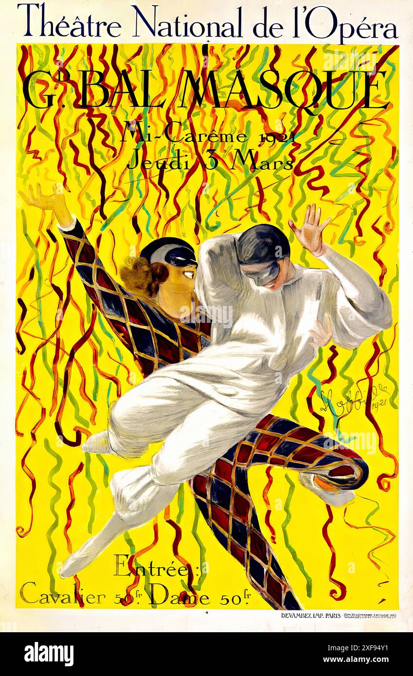 Poster Bal Masqué Théâtre Opéra 1894 - Affiche Carnaval Rétro 50x70 Cm, Occasion