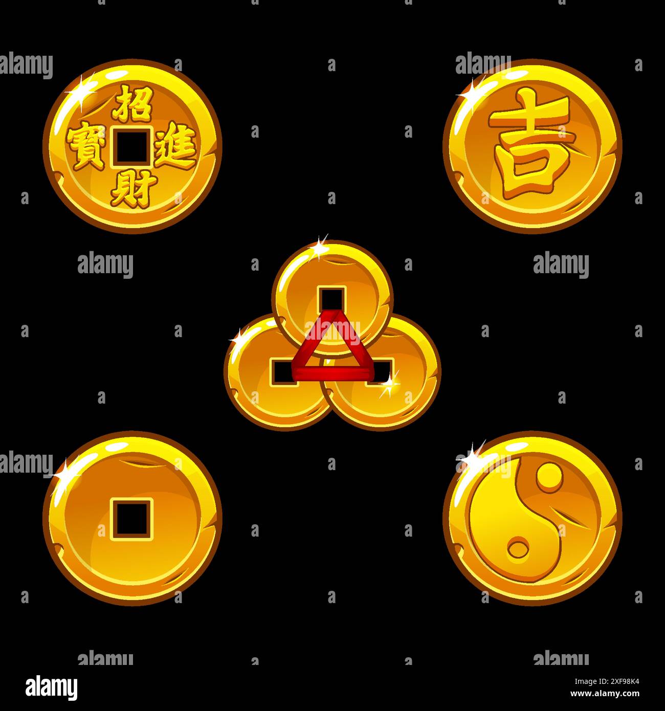 Les pièces de bénédiction chinoises représentent la chance ou la fortune. Symboles chinois pour la chance. Illustration de Vecteur